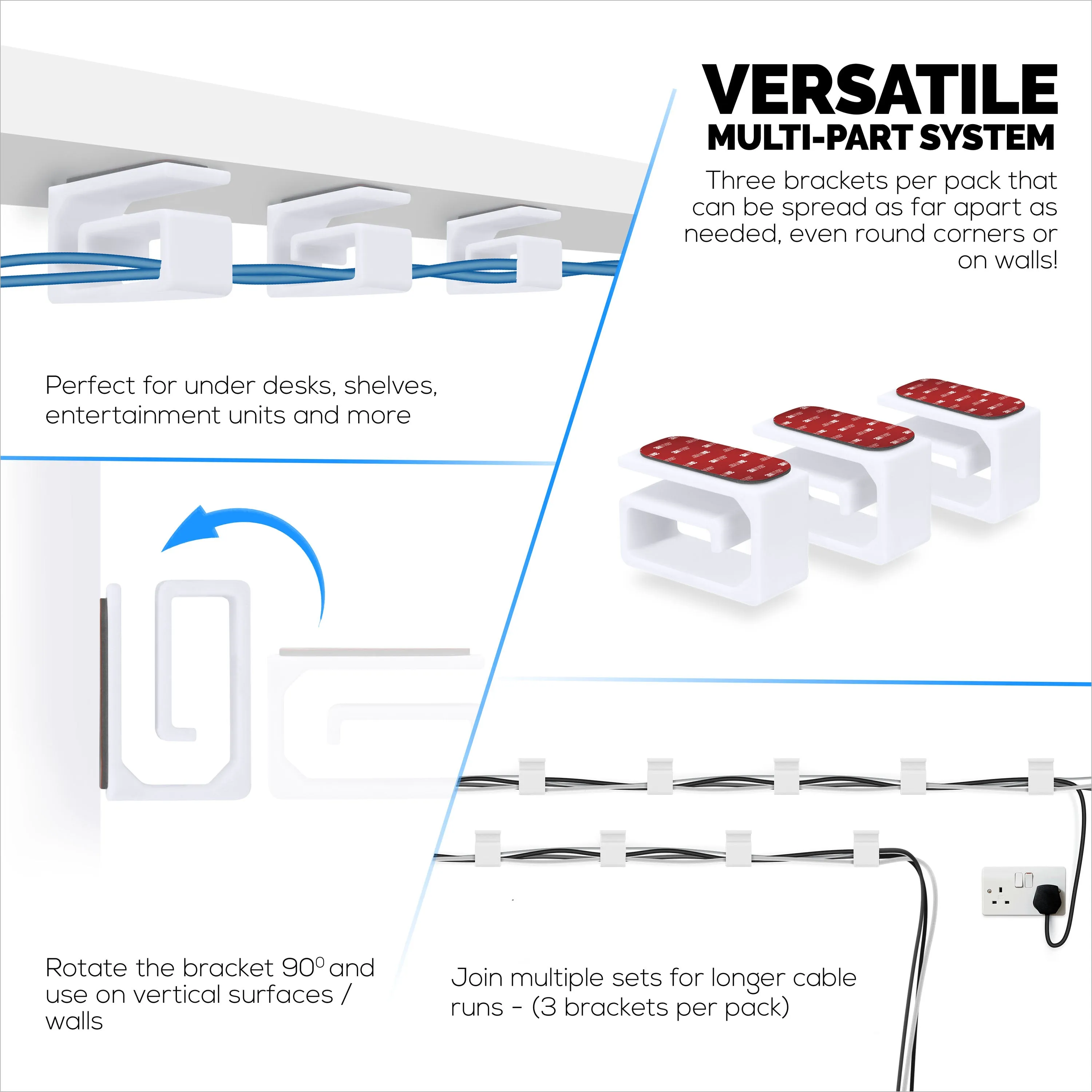 3pc VHB Adhesive Cable Organizer Holder, For Heavy Cables, PC Cords & Wires with Strong Adhesive, Under Desk Mount Management - Small