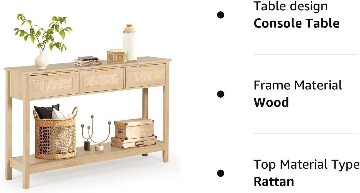 51" Table, Oak Grain Sofa Table with Wood Frame, Rustic Hallway Table with 3 Bamboo Weaving Storage Drawers and Shelf