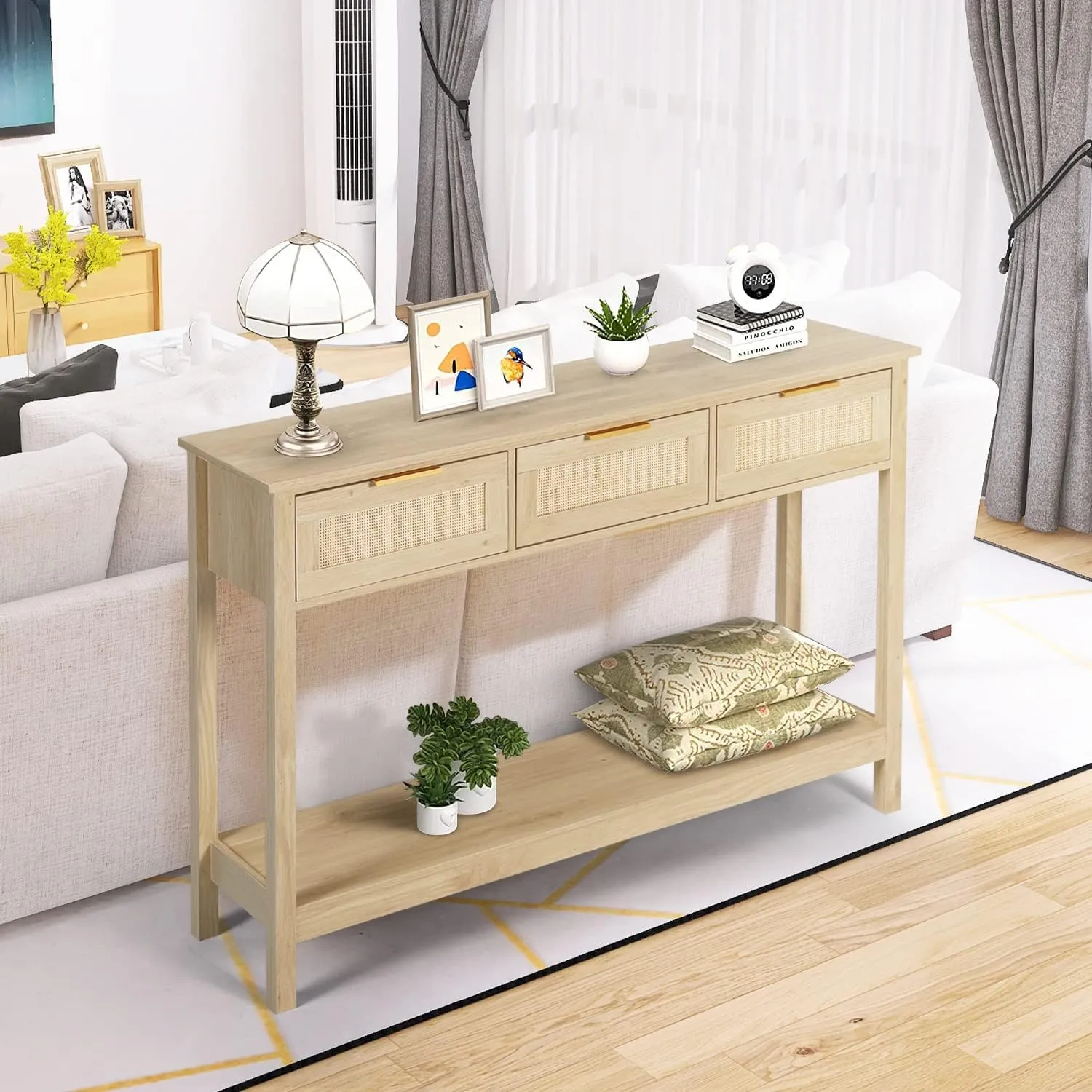 51" Table, Oak Grain Sofa Table with Wood Frame, Rustic Hallway Table with 3 Bamboo Weaving Storage Drawers and Shelf