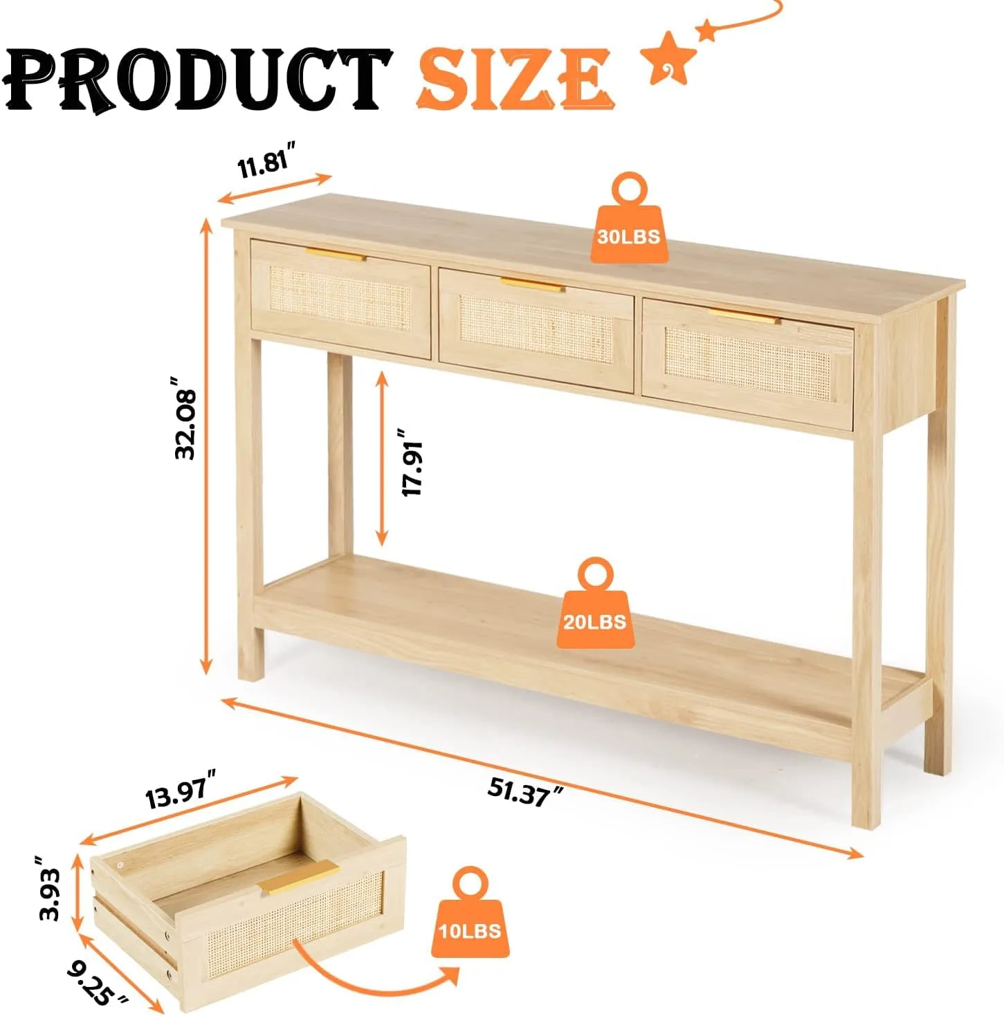 51" Table, Oak Grain Sofa Table with Wood Frame, Rustic Hallway Table with 3 Bamboo Weaving Storage Drawers and Shelf