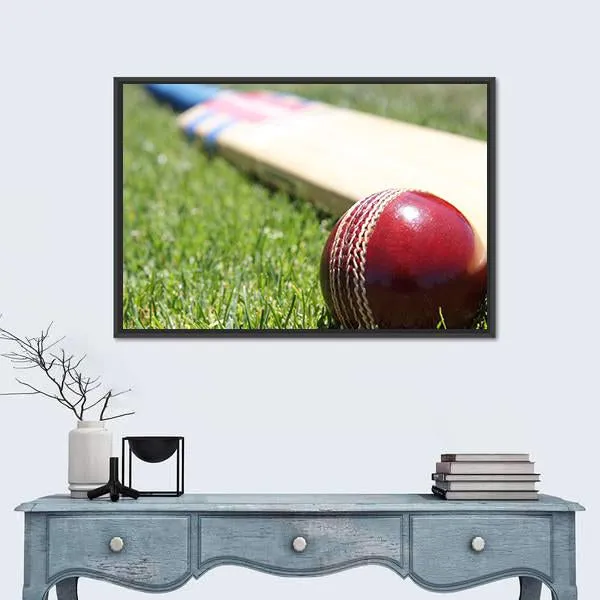 Ball & Bat On Grass Canvas Wall Art