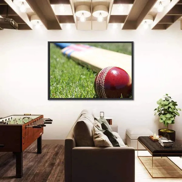 Ball & Bat On Grass Canvas Wall Art