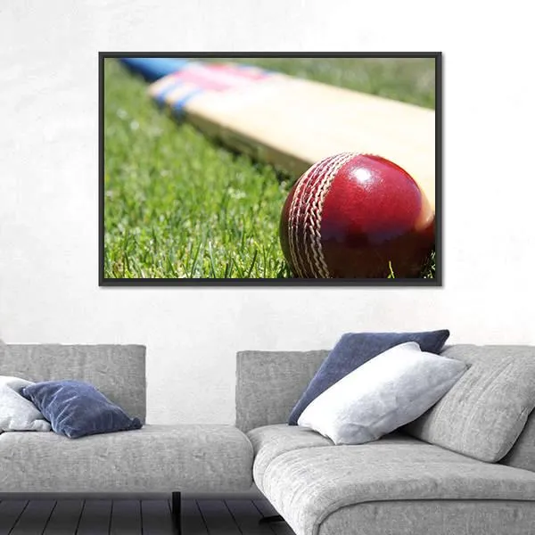 Ball & Bat On Grass Canvas Wall Art