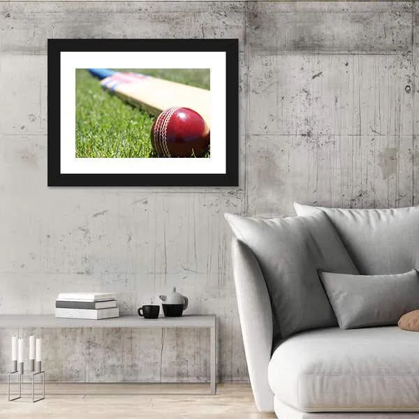 Ball & Bat On Grass Canvas Wall Art