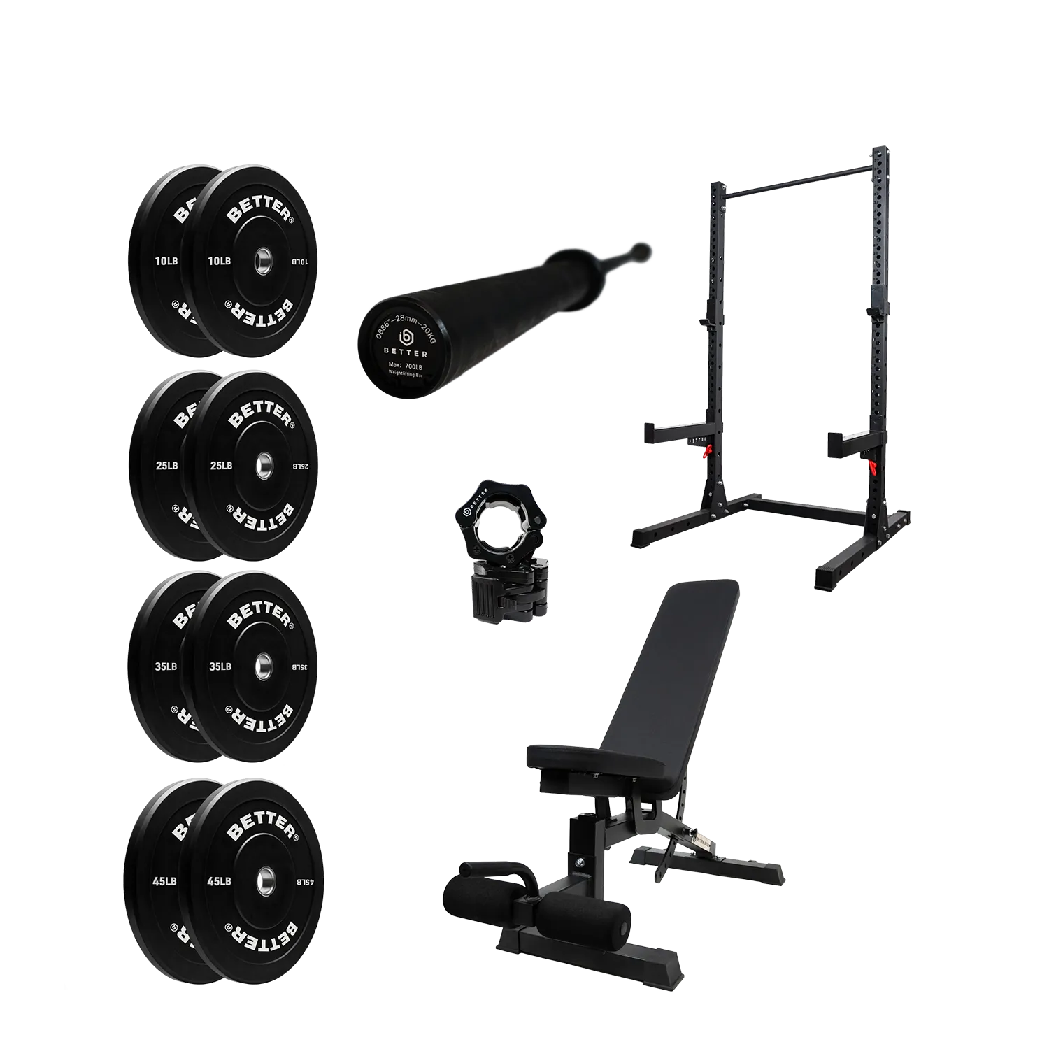 Better Body Power Bundle with Squat Rack | 10-45lbs Bumper Plates