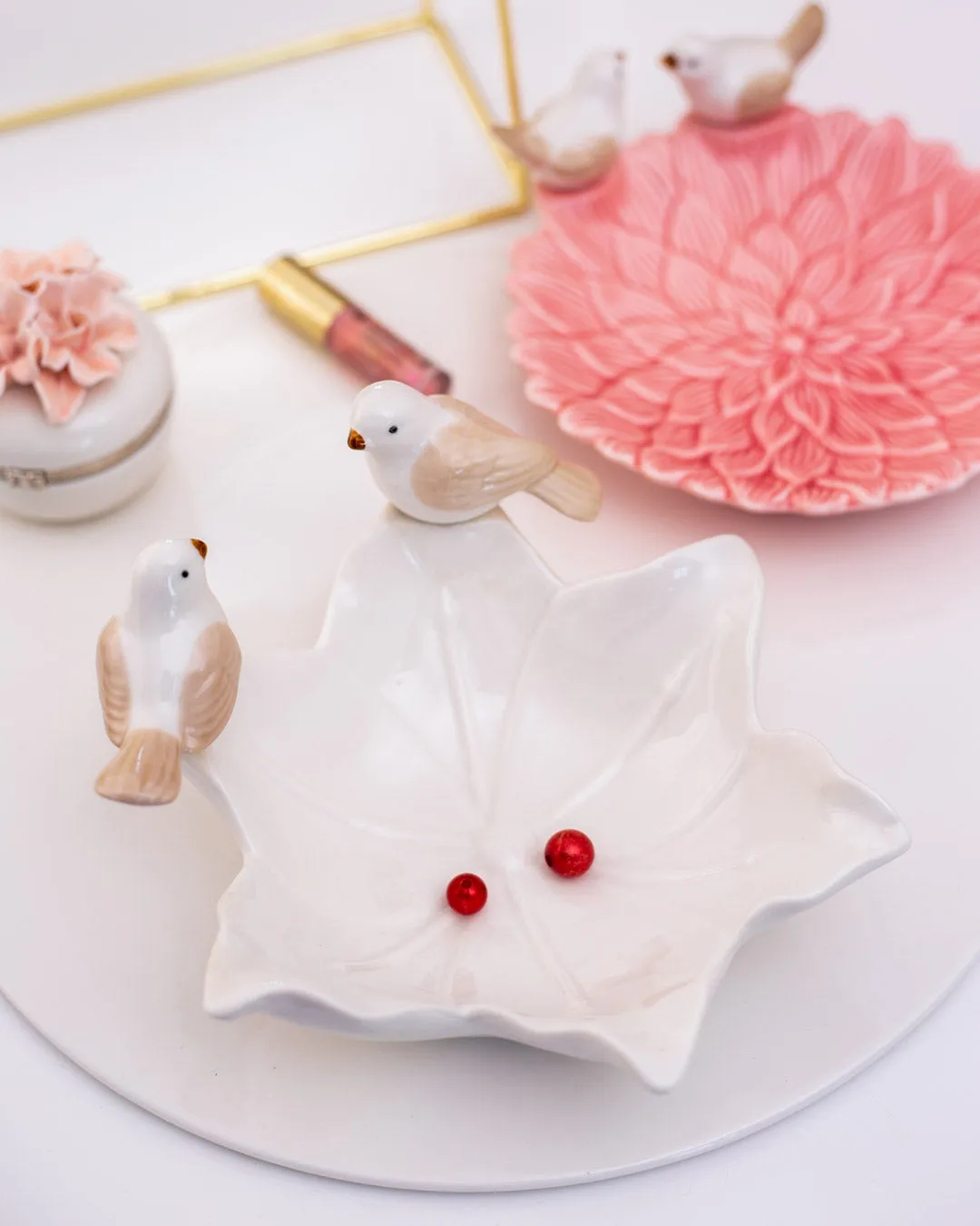 Bird on Flower Ring Dish - White