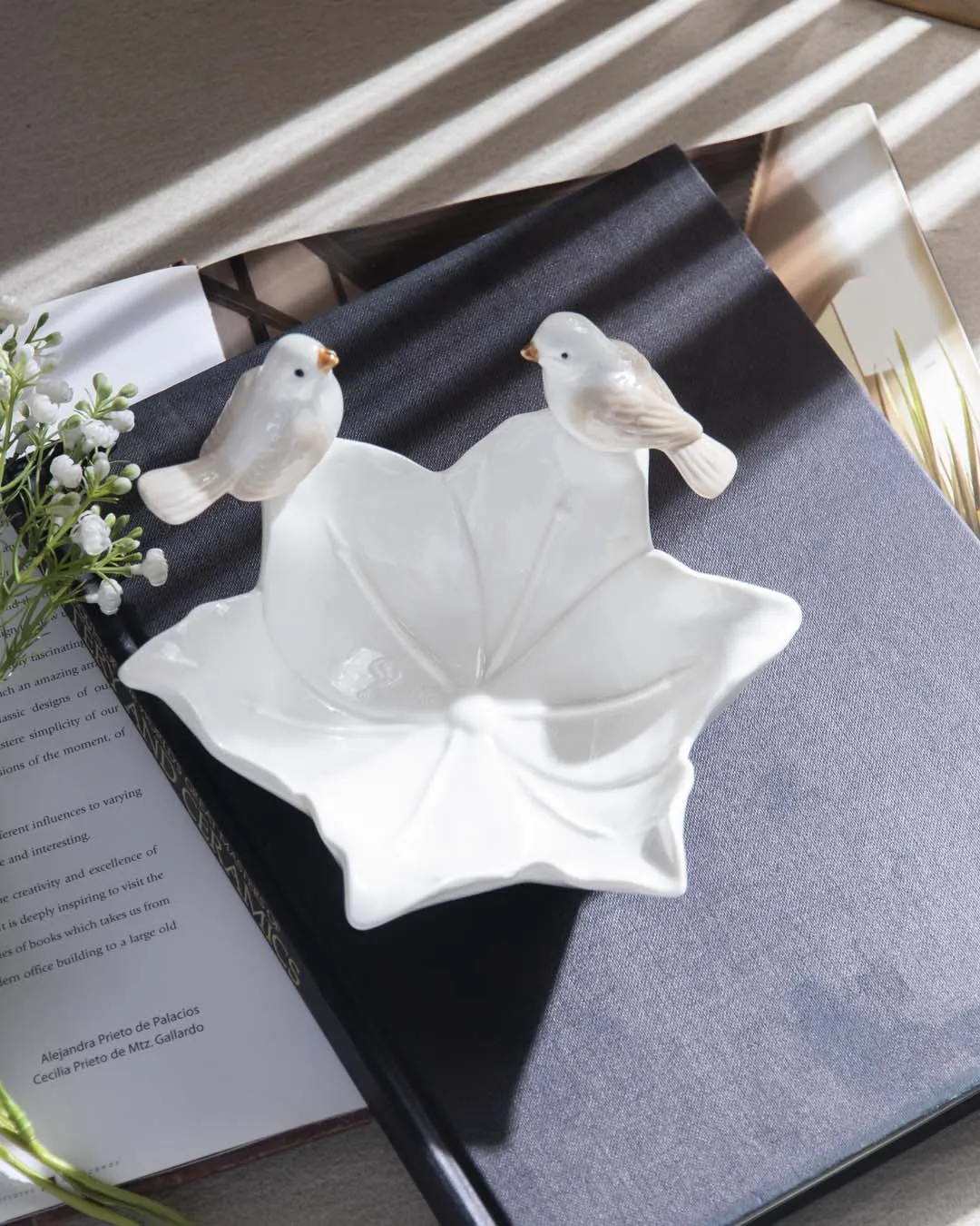 Bird on Flower Ring Dish - White