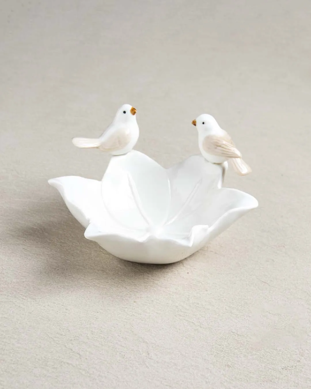 Bird on Flower Ring Dish - White