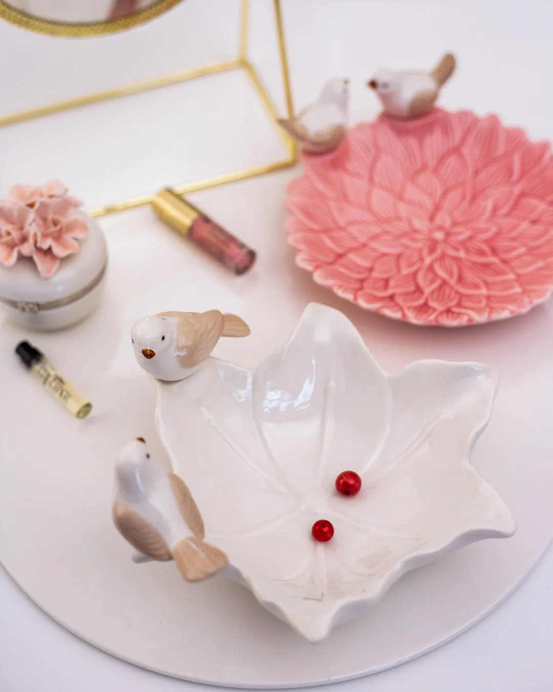 Bird on Flower Ring Dish - White