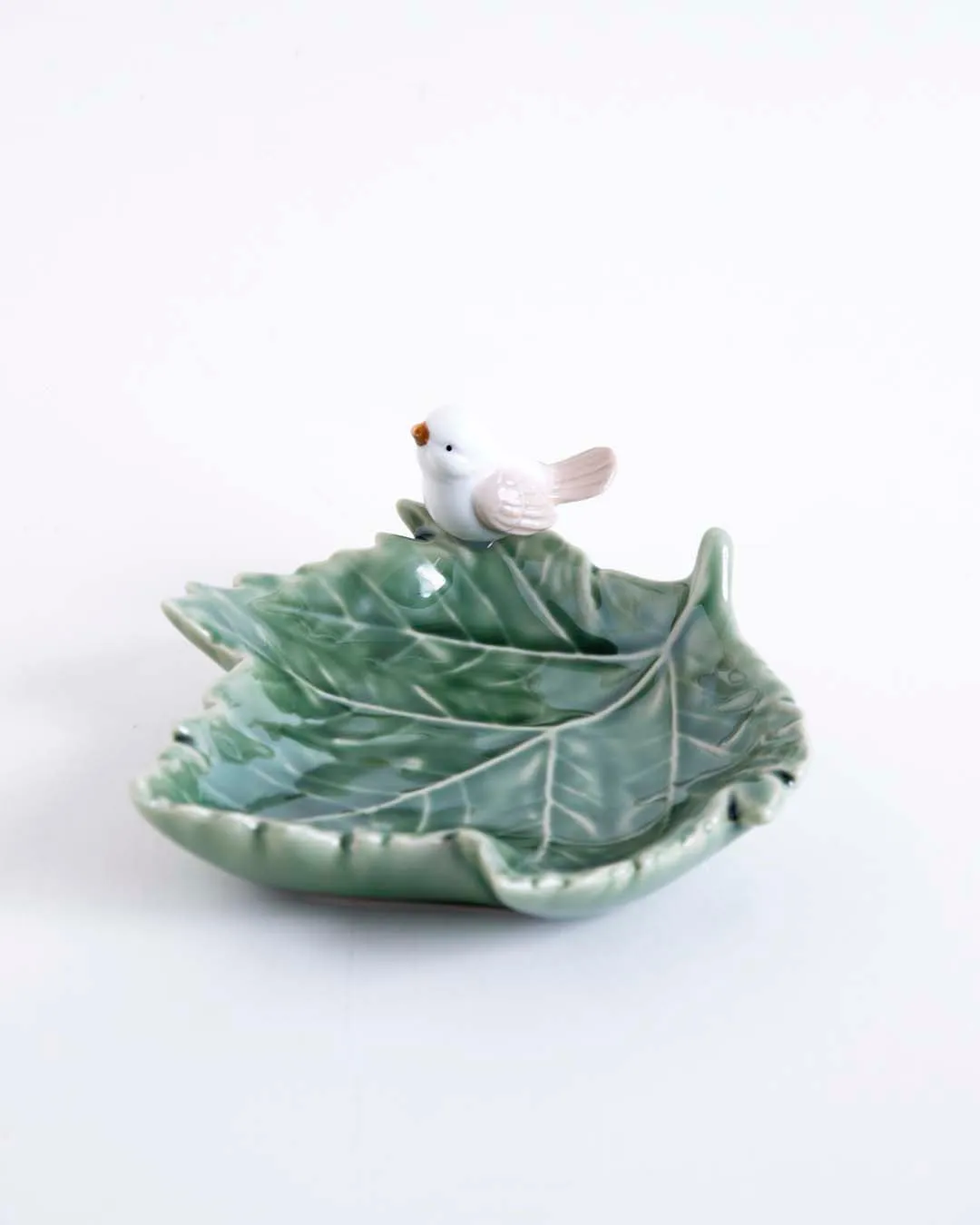 Bird on Maple Leaf Ring Dish - Green