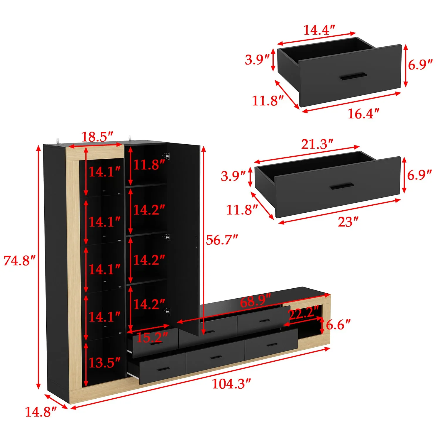 Black and Wood Entertainment Center with LED Lights Versatile TV Stand - 104.5“