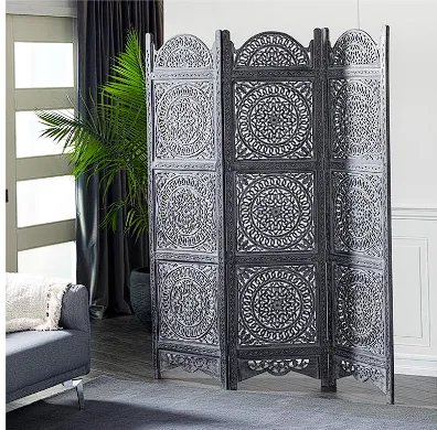 BLACK WOOD FLORAL HANDMADE HINGED FOLDABLE PARTITION 3 PANEL ROOM DIVIDER SCREEN WITH INTRICATELY CARVED DESIGNS, 60" X 1" X 72