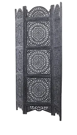 BLACK WOOD FLORAL HANDMADE HINGED FOLDABLE PARTITION 3 PANEL ROOM DIVIDER SCREEN WITH INTRICATELY CARVED DESIGNS, 60" X 1" X 72