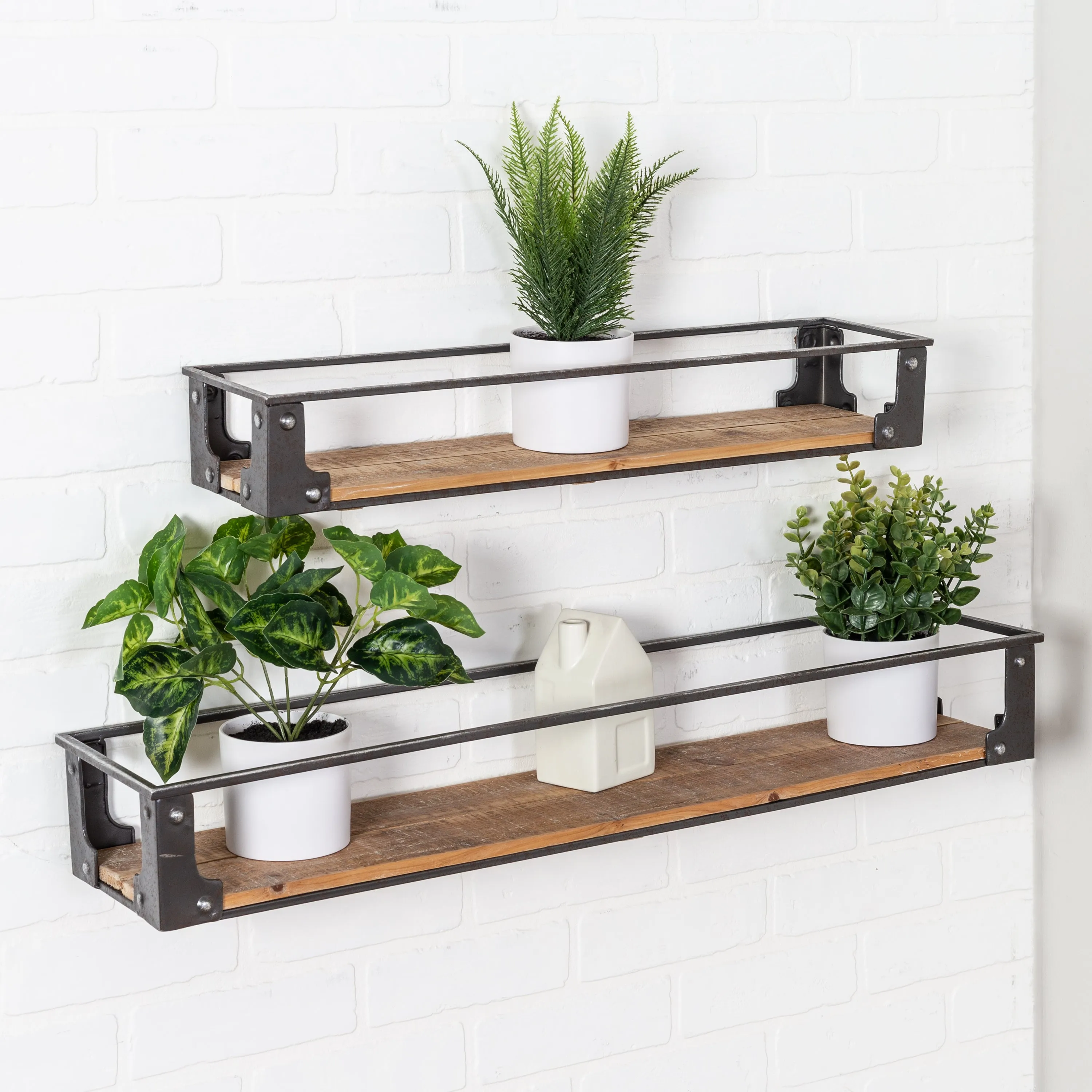 Black/Natural Floating Metal and Wood Wall Shelves (Set of 2)