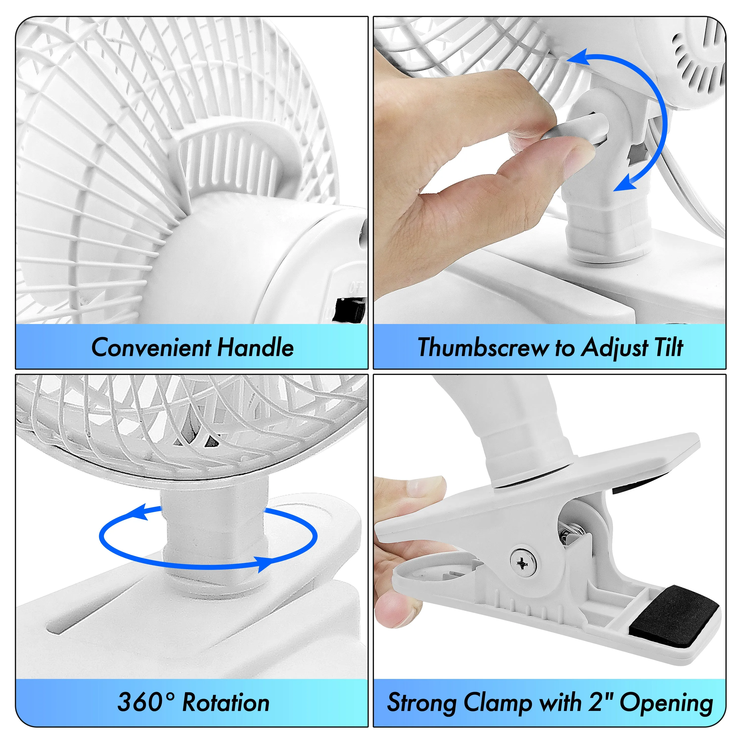 Comfort Zone 6" 2-Speed Clip Fan with Base in White & Black