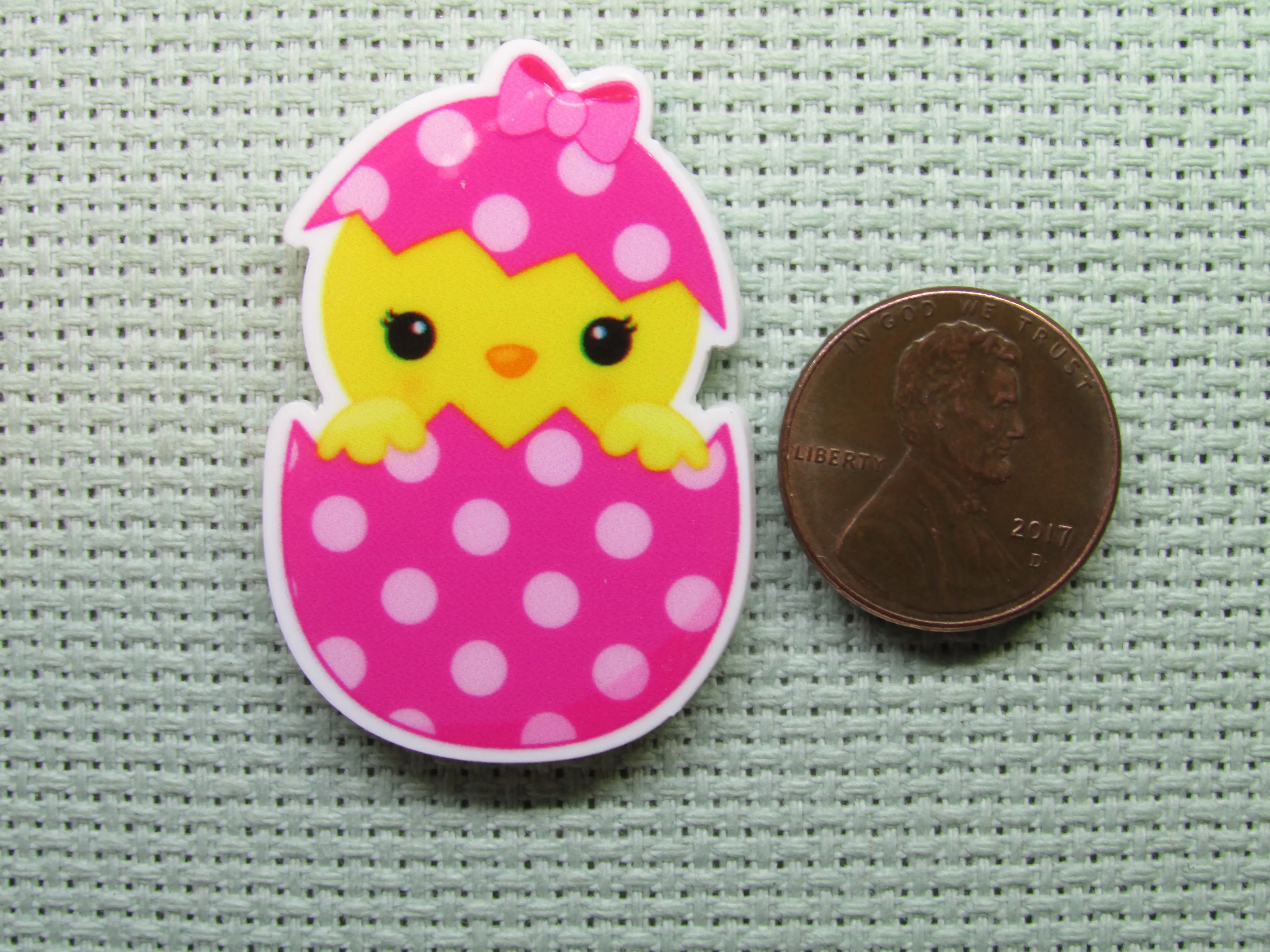 Cute Chick Peeking Out of a Pink Polka Dot Easter Egg Needle Minder, Cover Minder, Magnet