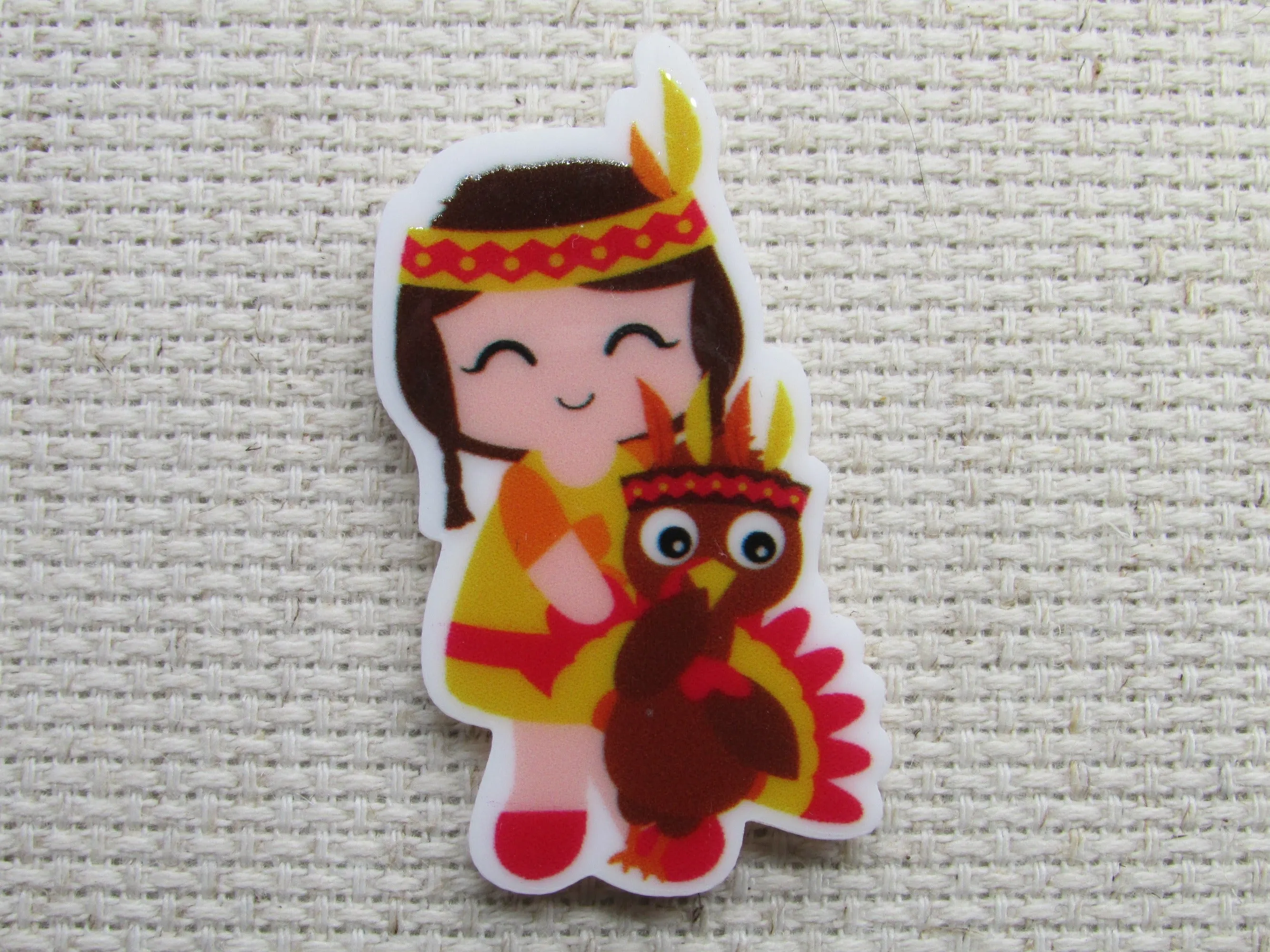 Cute Native American Girl with a Turkey Needle Minder, Cover Minder, Magnet