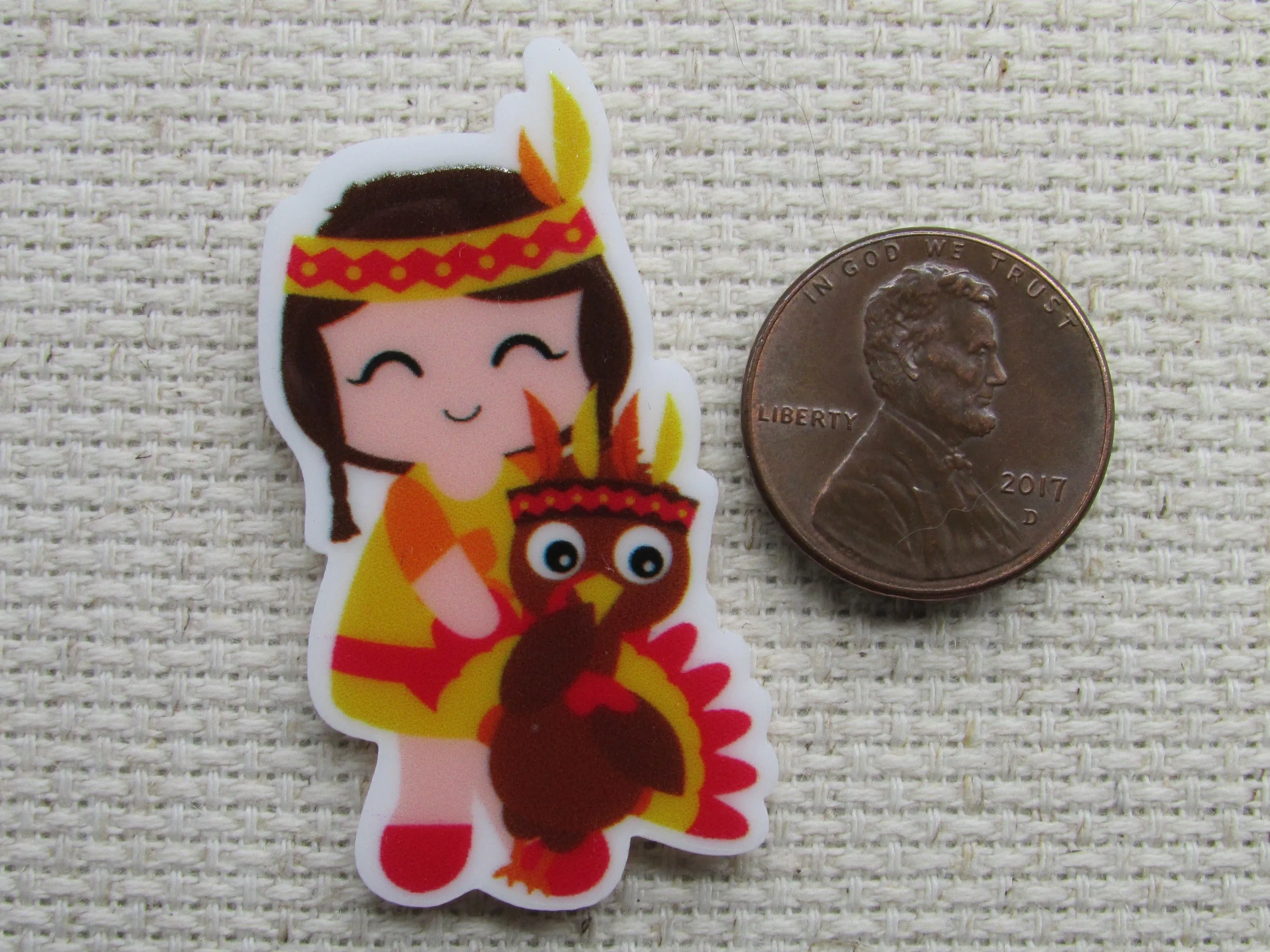 Cute Native American Girl with a Turkey Needle Minder, Cover Minder, Magnet