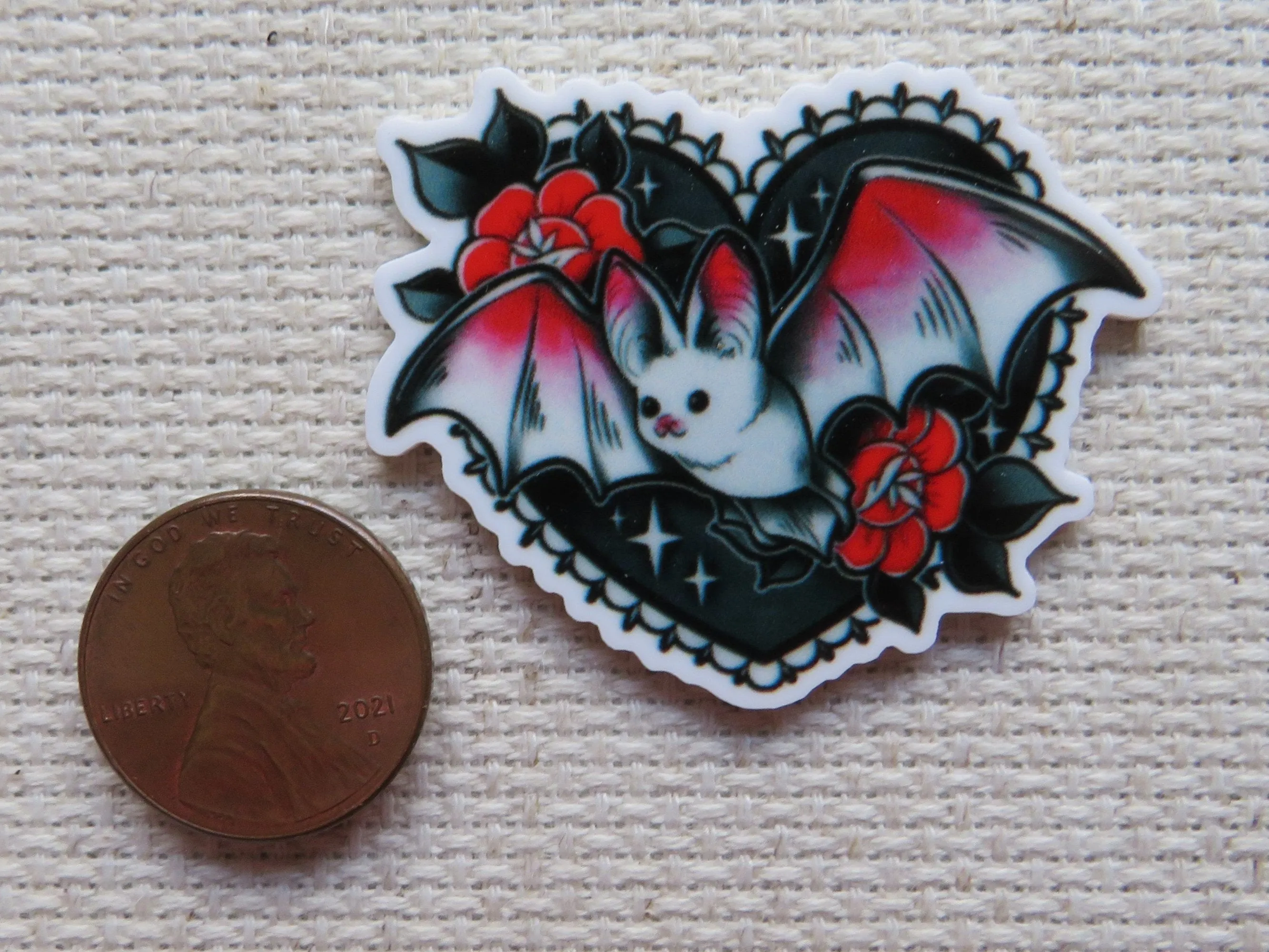 Cute Red Bat in a Black Sky Heart Needle Minder, Cover Minder, Magnet