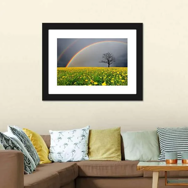 Dandelion Field With Rainbow Canvas Wall Art