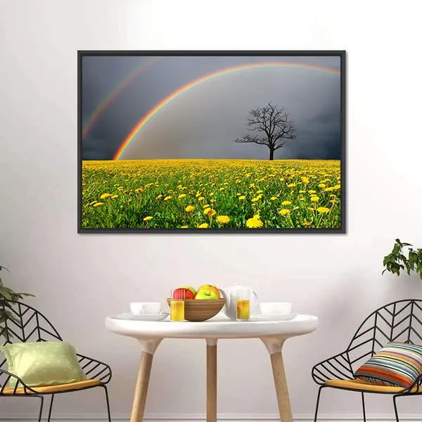 Dandelion Field With Rainbow Canvas Wall Art