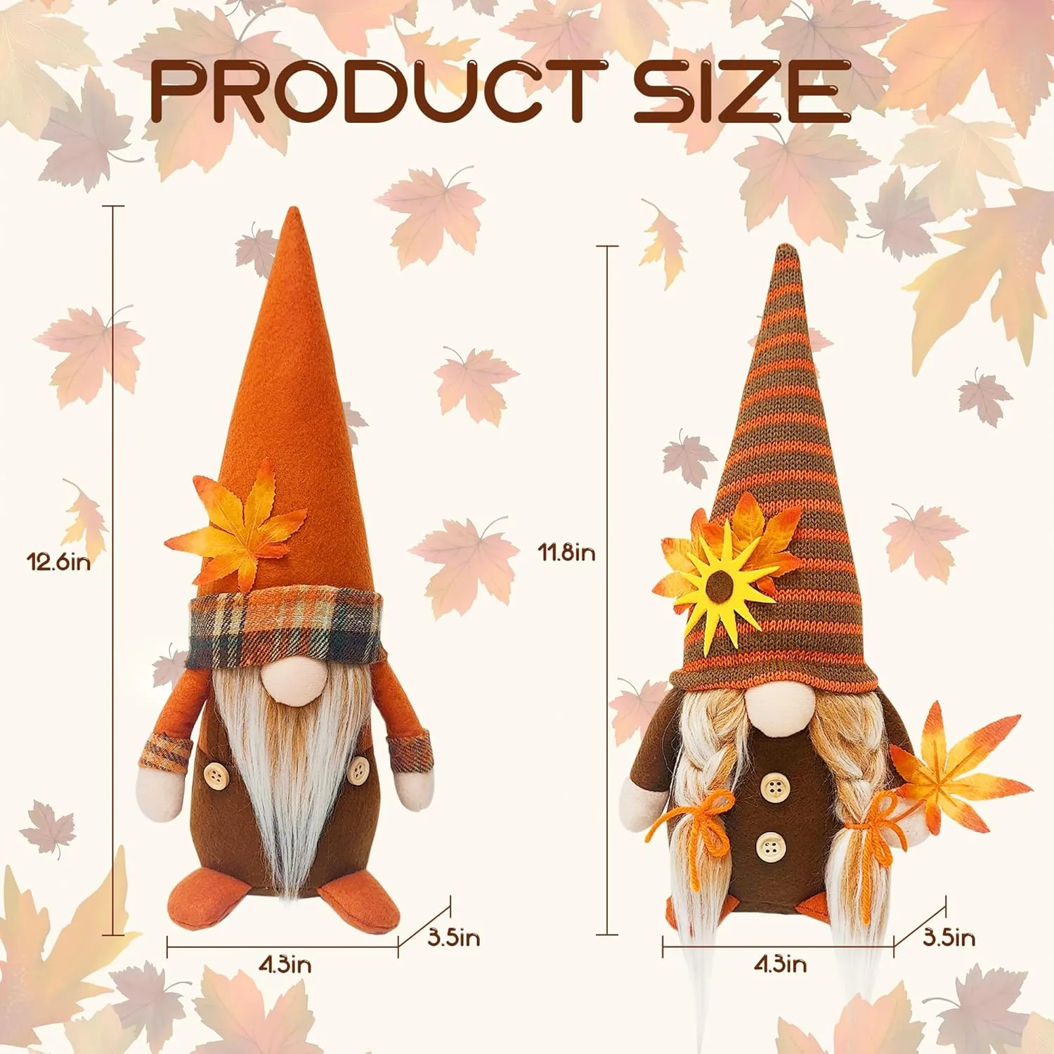 Fall Gnomes Decor, 2-Pack Handmade Plush Swedish Gnomes with Maple Leaves for Autumn & Thanksgiving