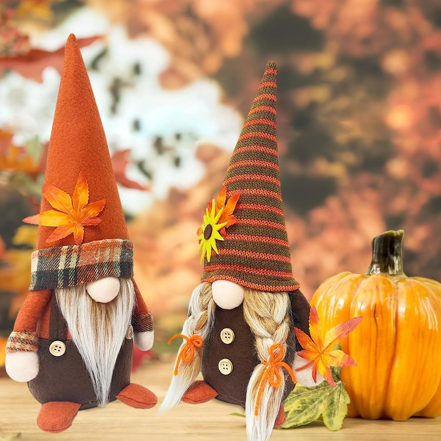 Fall Gnomes Decor, 2-Pack Handmade Plush Swedish Gnomes with Maple Leaves for Autumn & Thanksgiving