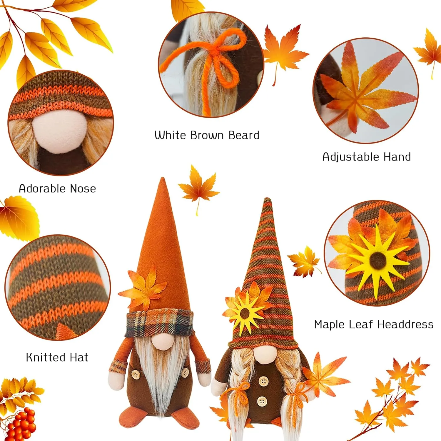 Fall Gnomes Decor, 2-Pack Handmade Plush Swedish Gnomes with Maple Leaves for Autumn & Thanksgiving