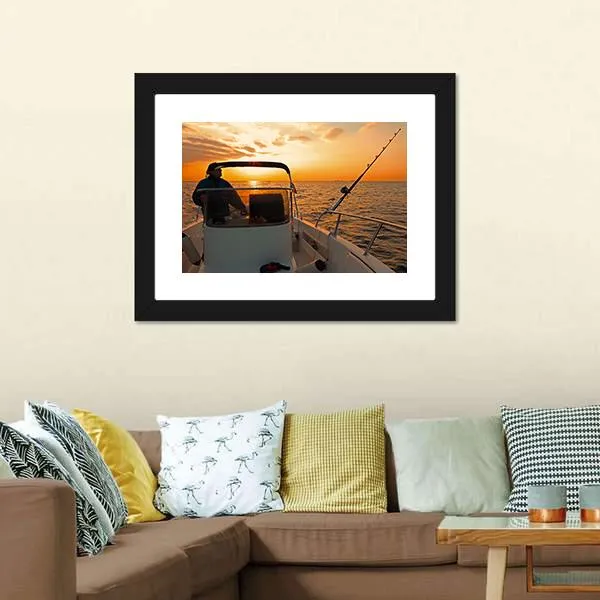 Fisherman With Boat In Ocean Canvas Wall Art