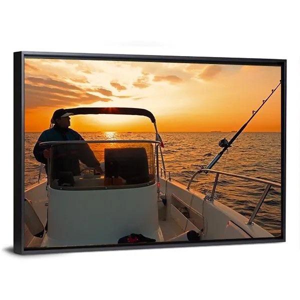 Fisherman With Boat In Ocean Canvas Wall Art