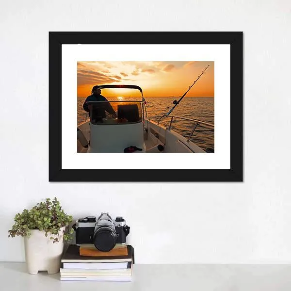 Fisherman With Boat In Ocean Canvas Wall Art