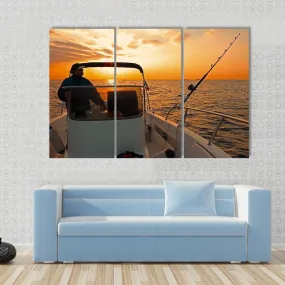 Fisherman With Boat In Ocean Canvas Wall Art