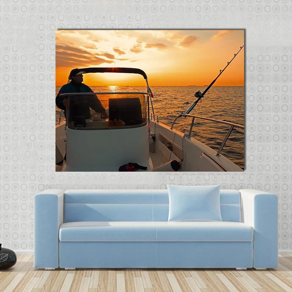 Fisherman With Boat In Ocean Canvas Wall Art