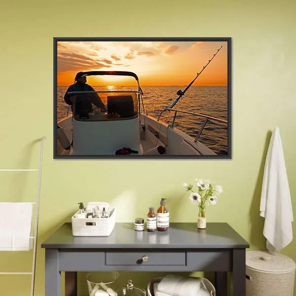 Fisherman With Boat In Ocean Canvas Wall Art