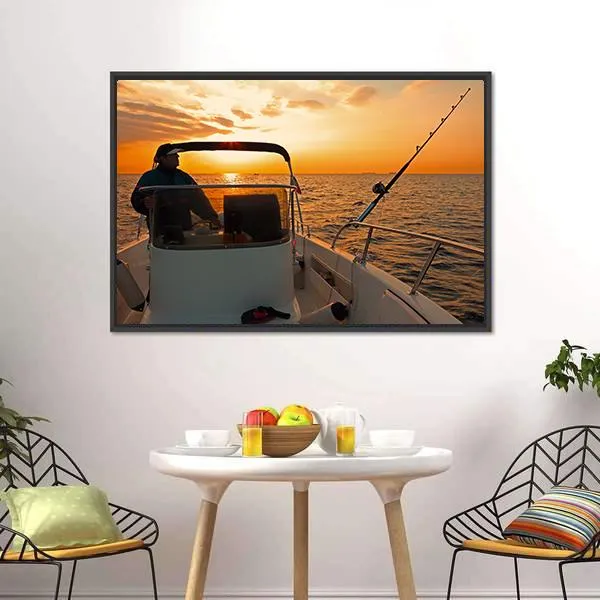 Fisherman With Boat In Ocean Canvas Wall Art