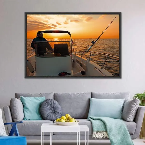 Fisherman With Boat In Ocean Canvas Wall Art