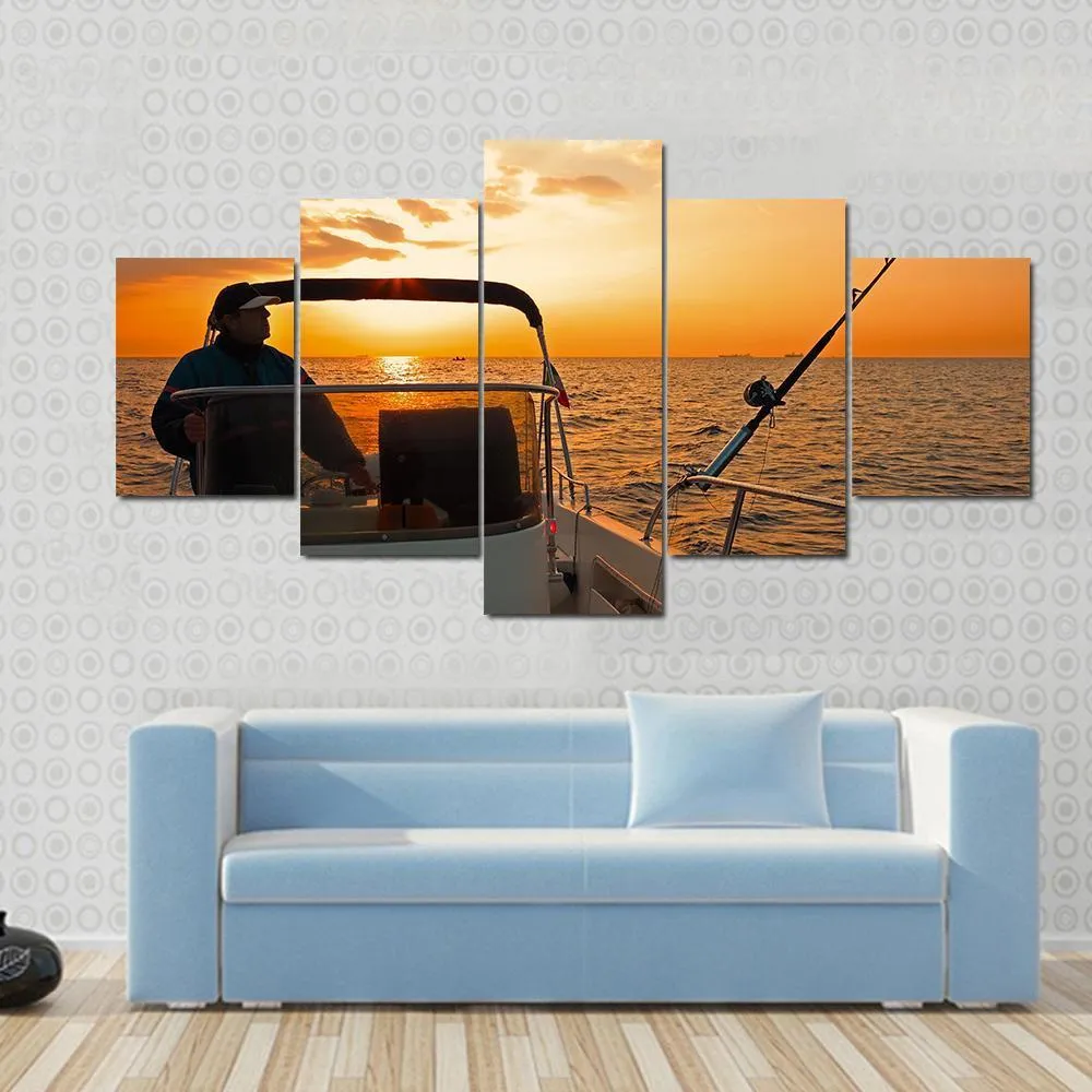 Fisherman With Boat In Ocean Canvas Wall Art