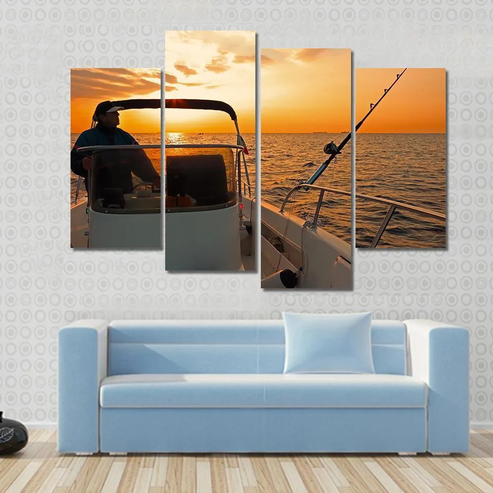 Fisherman With Boat In Ocean Canvas Wall Art