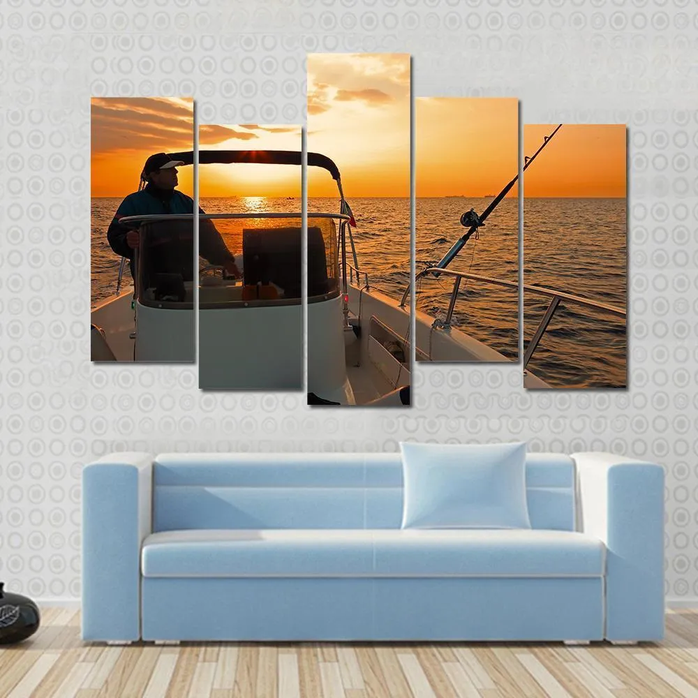 Fisherman With Boat In Ocean Canvas Wall Art