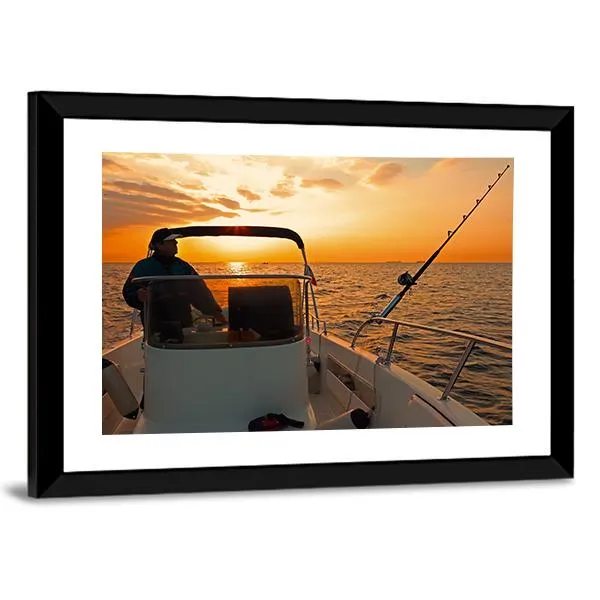 Fisherman With Boat In Ocean Canvas Wall Art