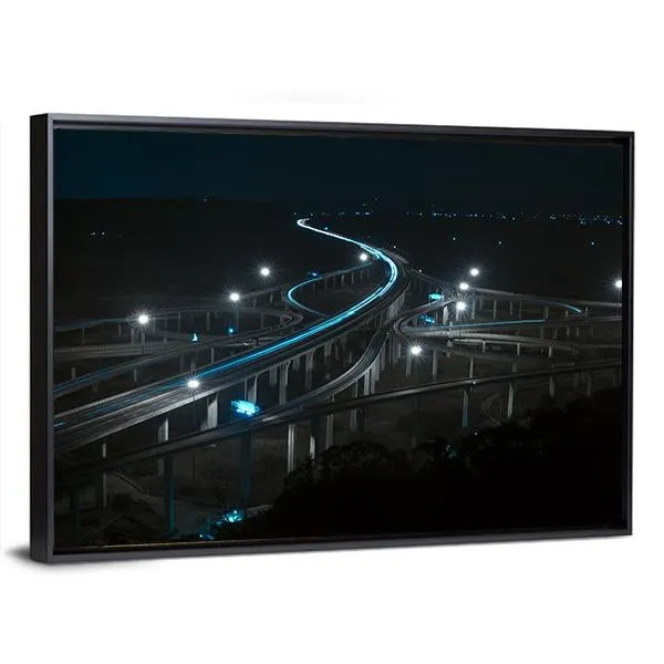 Freeway In Night With Cars Light Canvas Wall Art