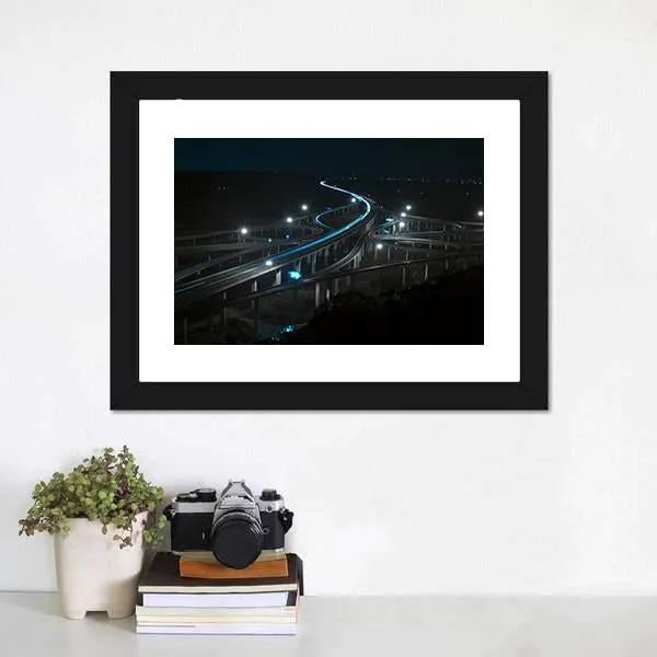 Freeway In Night With Cars Light Canvas Wall Art