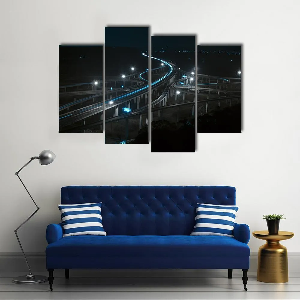 Freeway In Night With Cars Light Canvas Wall Art