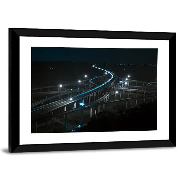 Freeway In Night With Cars Light Canvas Wall Art