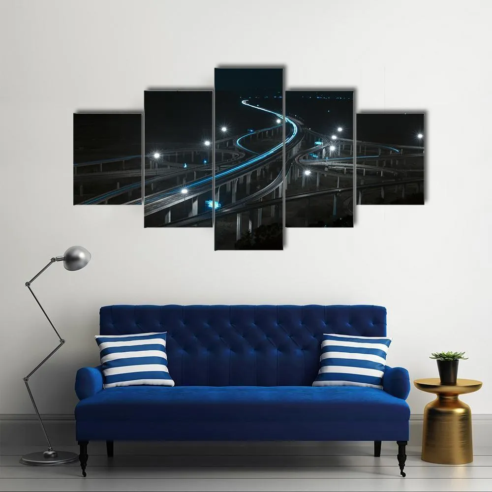 Freeway In Night With Cars Light Canvas Wall Art