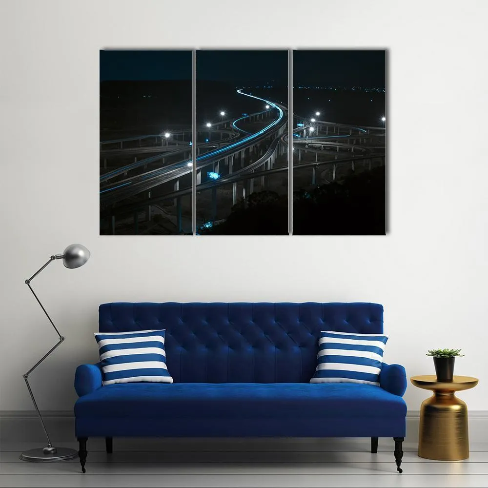 Freeway In Night With Cars Light Canvas Wall Art