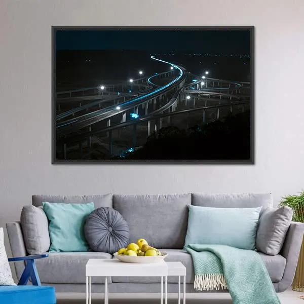 Freeway In Night With Cars Light Canvas Wall Art