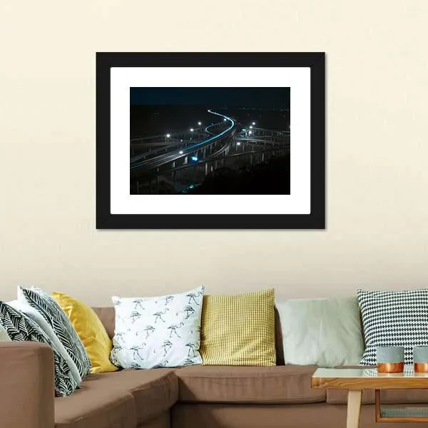 Freeway In Night With Cars Light Canvas Wall Art