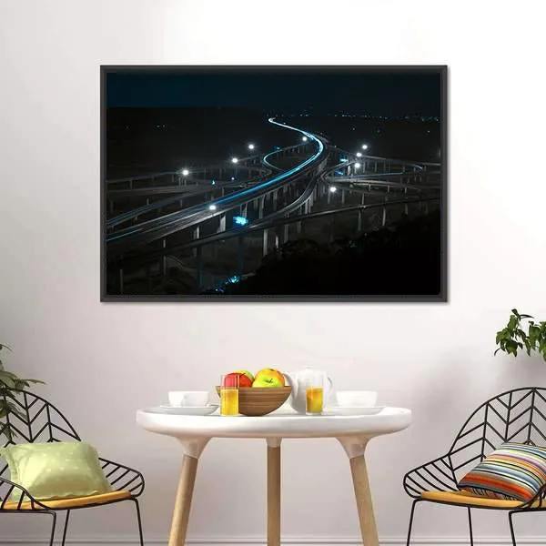 Freeway In Night With Cars Light Canvas Wall Art