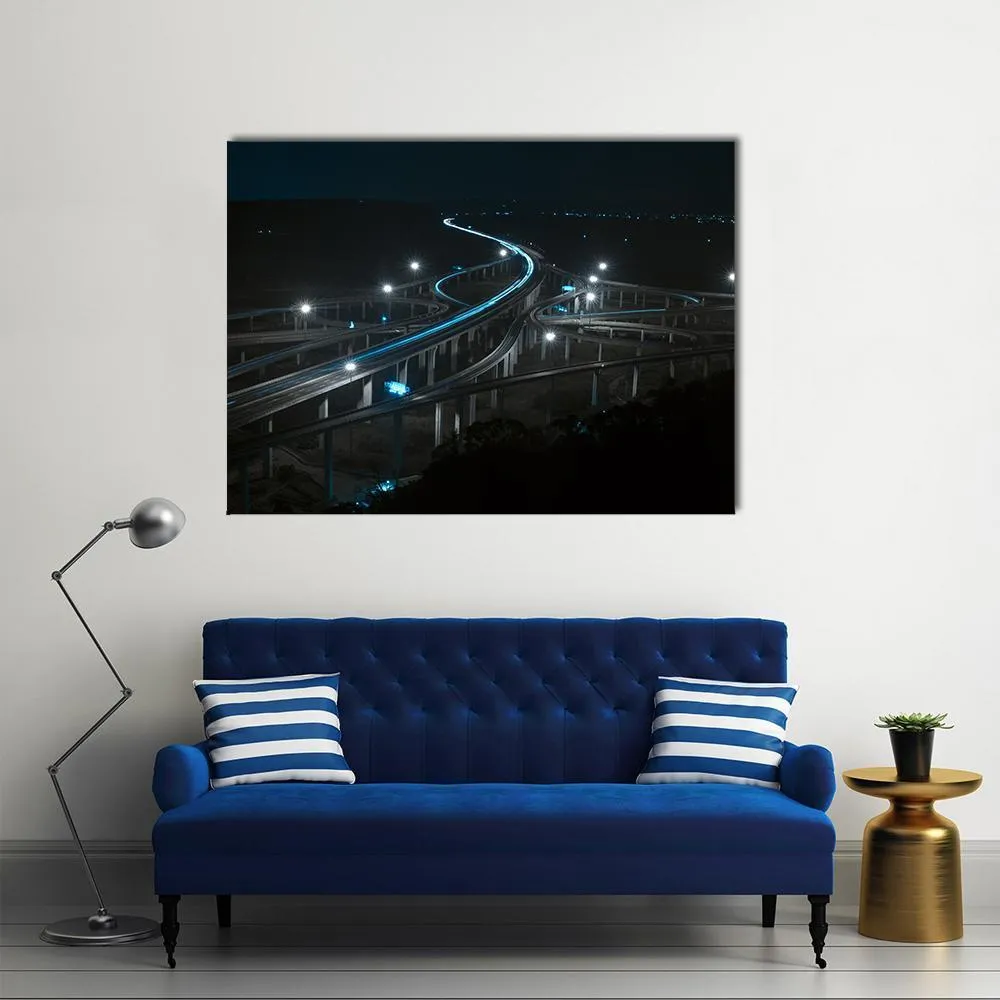 Freeway In Night With Cars Light Canvas Wall Art